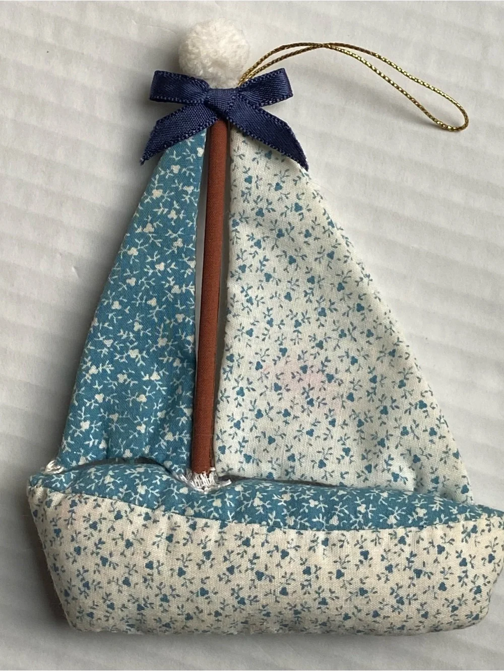 Vintage Sailboat Xmas Ornament Handmade Chintz Fabric Blue Sail Boat Beach Ocean